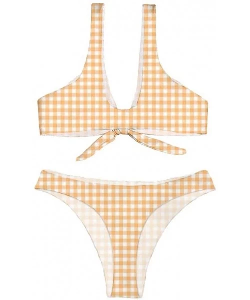 Sets Women Sexy Knotted Padded Thong Bikini Swimsuit Gingham Lattice Beach Swimwear - Yellow - CE18QY30X3R