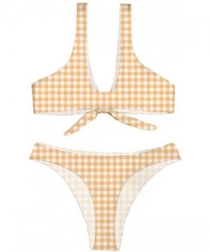 Sets Women Sexy Knotted Padded Thong Bikini Swimsuit Gingham Lattice Beach Swimwear - Yellow - CE18QY30X3R