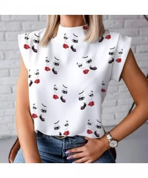 Rash Guards Graphic Tank Tops for Women Funny Daily Summer Lip Print Turtleneck Sleeveless T Shirt Shirts Blouse Tees White C...