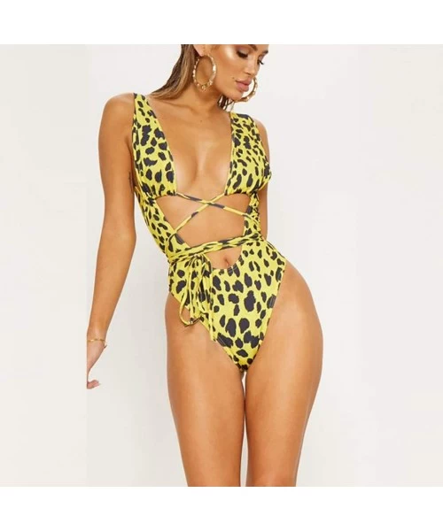 One-Pieces Women's Bikini Snakeskin Print One Piece Monokini Swimsuits Backless Thong Bathing Suits for Women - Yellow - C318...