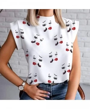 Rash Guards Graphic Tank Tops for Women Funny Daily Summer Lip Print Turtleneck Sleeveless T Shirt Shirts Blouse Tees White C...