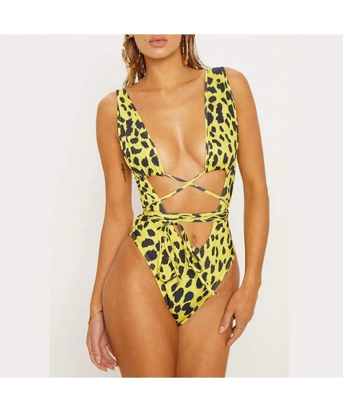 One-Pieces Women's Bikini Snakeskin Print One Piece Monokini Swimsuits Backless Thong Bathing Suits for Women - Yellow - C318...