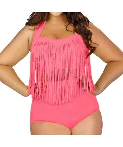 Racing Women Plus Size Two Piece Tassels Bikini Monokini Swimwear Beach Bathing Suit - Watermelon Red - CD18SINZD0S