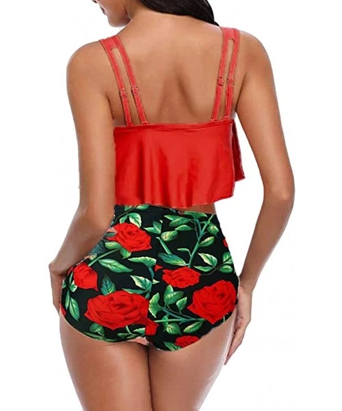 Racing Womens Bikini- Women High Waisted Swimsuit Flounce Swimwear Racerback Vintage Two Piece Bikini - Red - CA18URN5R8E