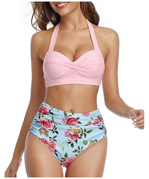 Cover-Ups Women High Waist Bikini Push Up Bikinis Print Swimsuit Female Beachwear Swimwear - U-pink Floral - CJ1962GIGQN