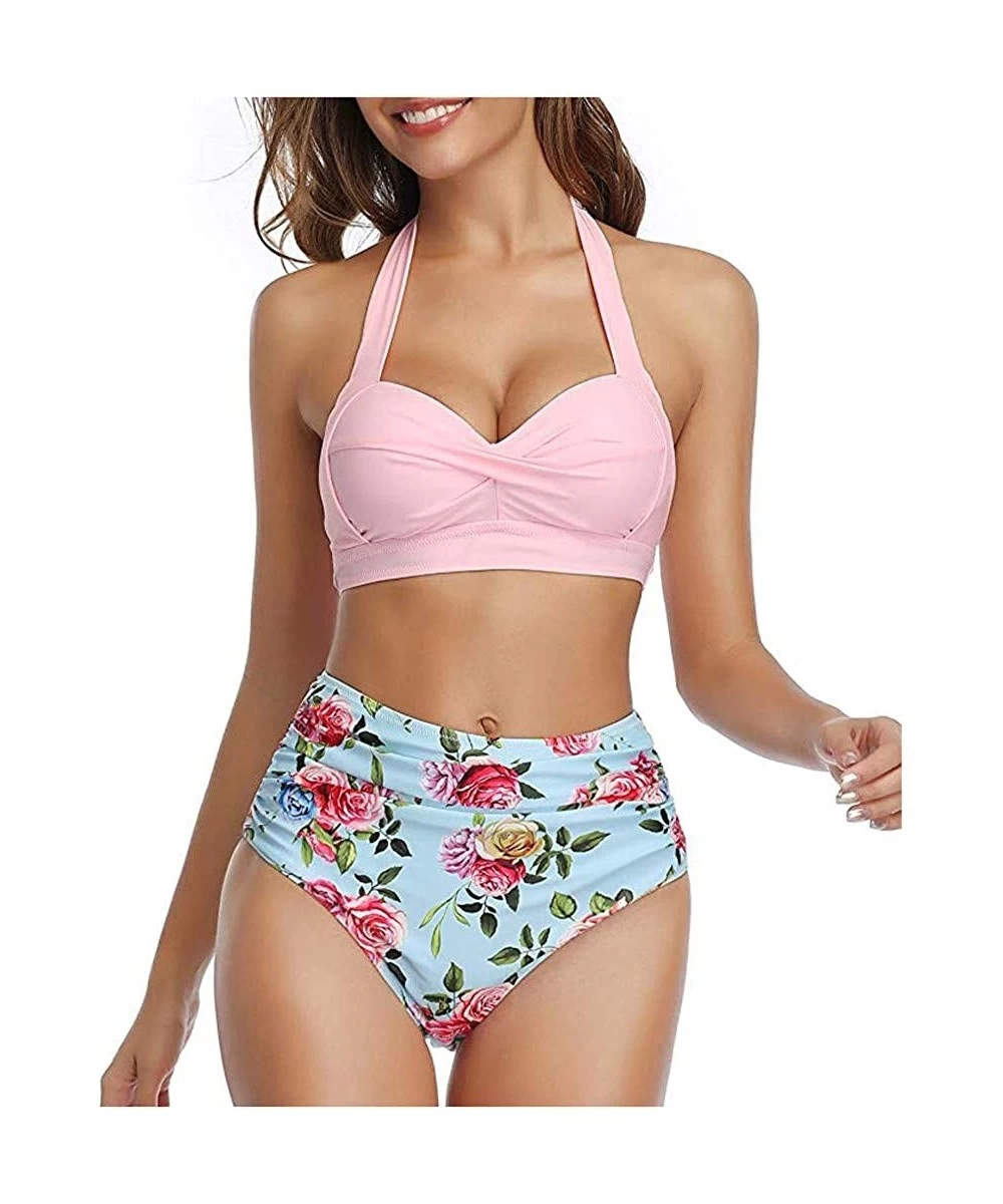 Cover-Ups Women High Waist Bikini Push Up Bikinis Print Swimsuit Female Beachwear Swimwear - U-pink Floral - CJ1962GIGQN