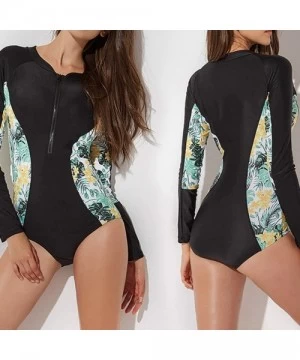 One-Pieces Women's One-Piece Sleeveless Rash Guard Printed UV Protection Printed Bathing Suits Surfing Swimsuit - Black - CZ1...