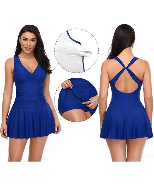 One-Pieces Women's One Piece Skirt Swimsuit Back Crisscross Swimdress Tummy Control Bathing Suit - Jewelry Blue - CB18R9U48A0