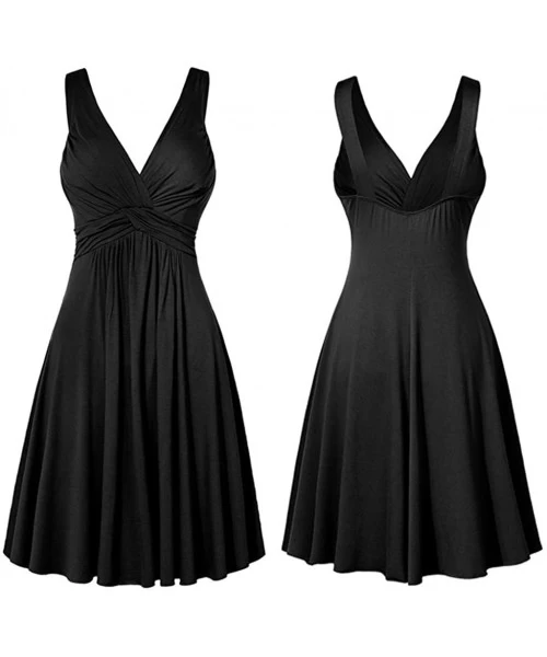 One-Pieces Women's Plus Size V-Neck Retro Sling Pleated Slim Flare Skirt Dresse - Black - CF18SH68HYN