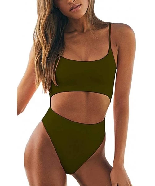 One-Pieces Womens Strappy Cut Out Front Monokini Lace Up Back Bathing Suit Criss Cross High Cut One Piece Swimsuit 05 Army Gr...