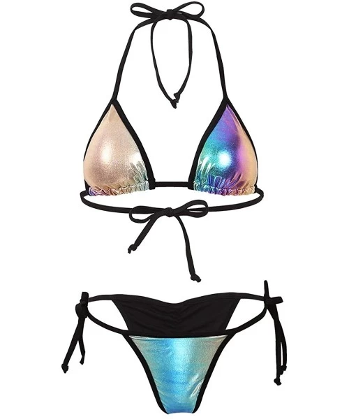 Sets Women's Shiny Metallic Bikini Micro Sexy String Two Pieces Swimsuit Female Thong Swimwear - CR190N6NWX5