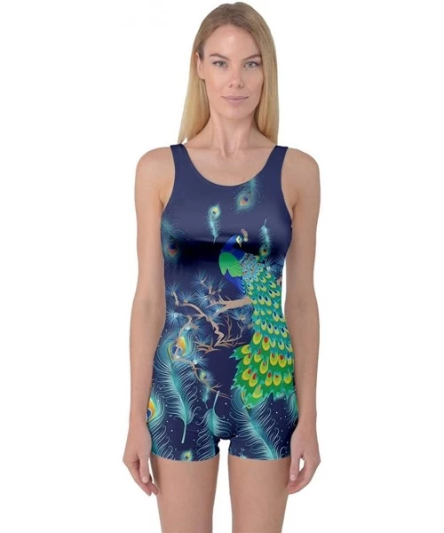 One-Pieces Womens Pattern Peacock Feathers Boyleg One Piece Swimsuit - Navy - CY18UY063SE