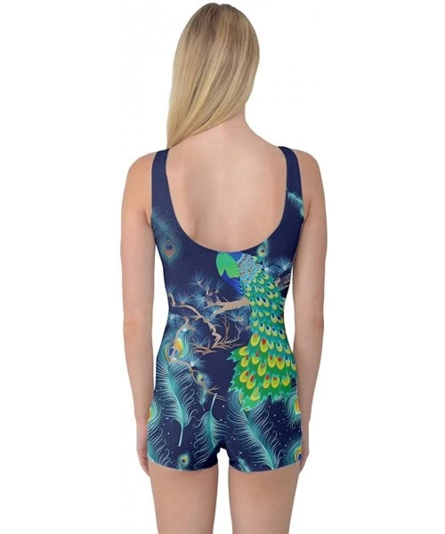 One-Pieces Womens Pattern Peacock Feathers Boyleg One Piece Swimsuit - Navy - CY18UY063SE