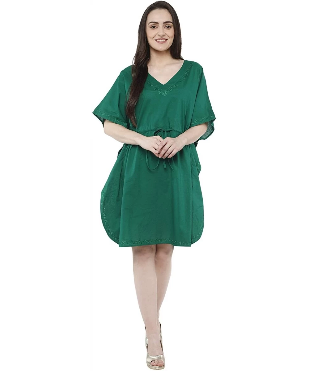 Cover-Ups Women's Tunic Cotton Short Caftan Embroidered Summer Dress (Free Size) - Green - CI18KLCGU9Z