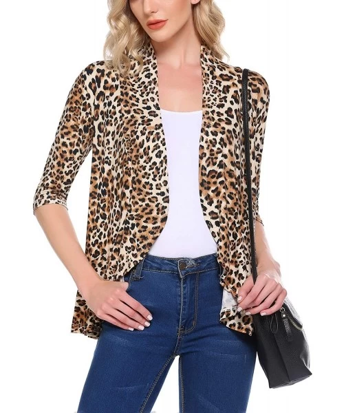 Cover-Ups Women's Open Front Cardigan 3/4 Sleeve Draped Ruffles Soft Knit Sweaters - Leopard02 - CZ19D6IO42T