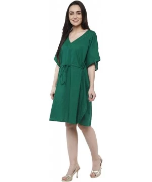 Cover-Ups Women's Tunic Cotton Short Caftan Embroidered Summer Dress (Free Size) - Green - CI18KLCGU9Z