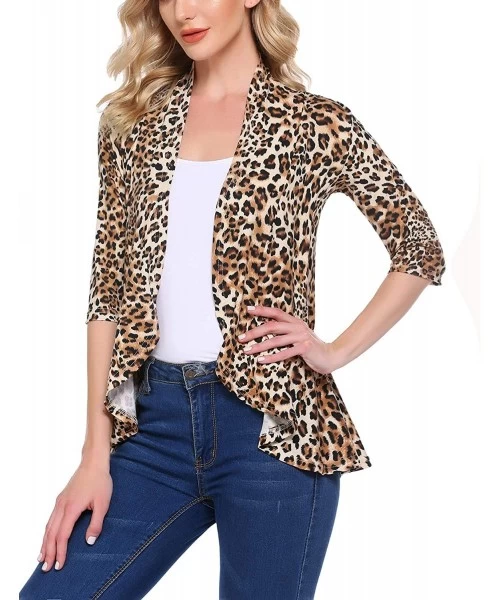 Cover-Ups Women's Open Front Cardigan 3/4 Sleeve Draped Ruffles Soft Knit Sweaters - Leopard02 - CZ19D6IO42T