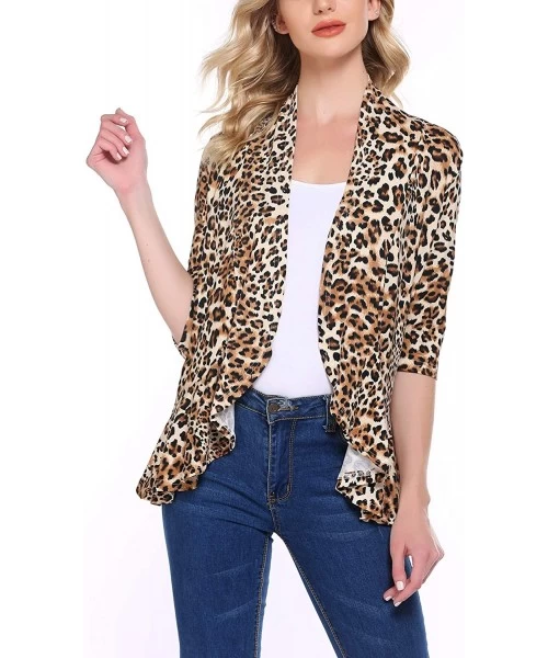 Cover-Ups Women's Open Front Cardigan 3/4 Sleeve Draped Ruffles Soft Knit Sweaters - Leopard02 - CZ19D6IO42T