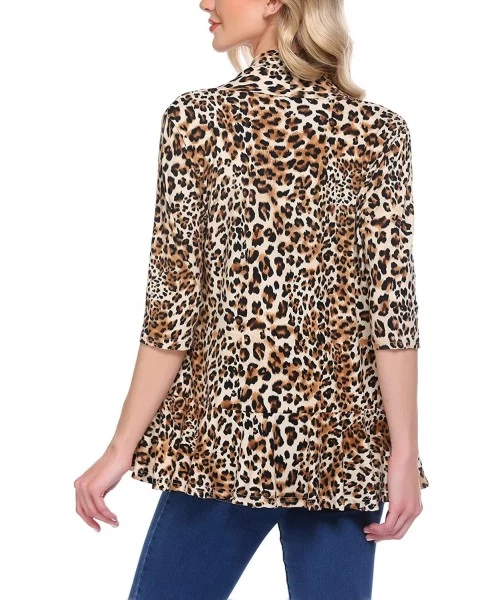 Cover-Ups Women's Open Front Cardigan 3/4 Sleeve Draped Ruffles Soft Knit Sweaters - Leopard02 - CZ19D6IO42T