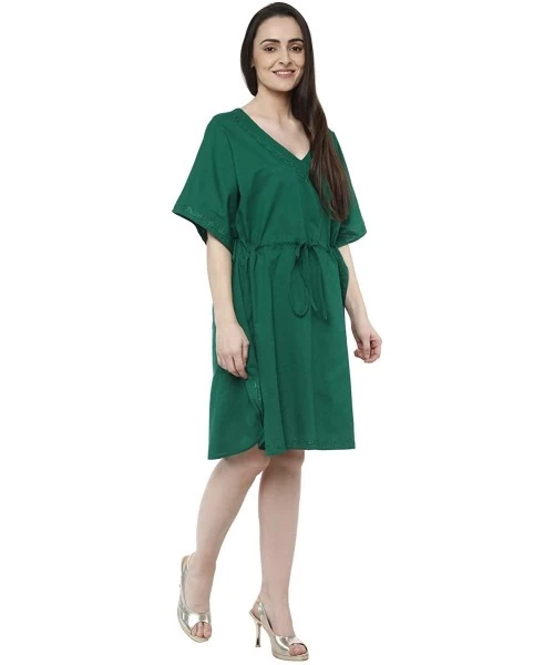 Cover-Ups Women's Tunic Cotton Short Caftan Embroidered Summer Dress (Free Size) - Green - CI18KLCGU9Z