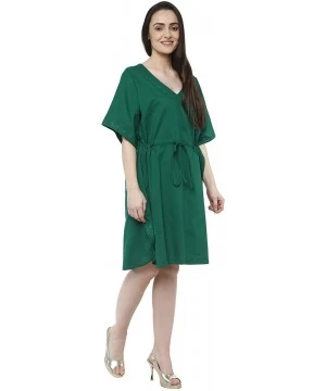 Cover-Ups Women's Tunic Cotton Short Caftan Embroidered Summer Dress (Free Size) - Green - CI18KLCGU9Z