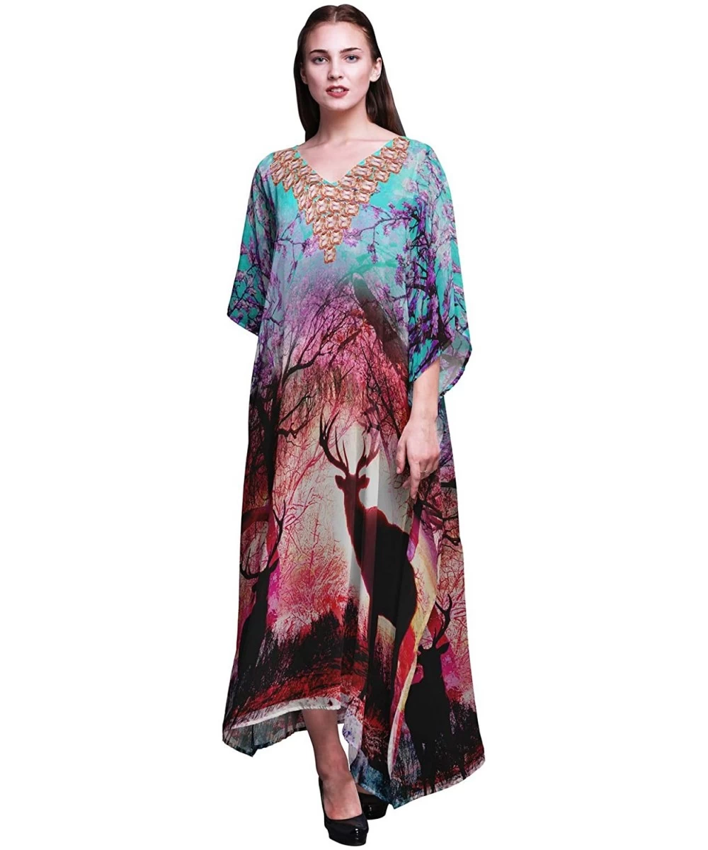 Cover-Ups Ladies Plus Size Kaftan Summer Wear Beach Coverup Kimono Caftan - Pink - CK18RGICMML