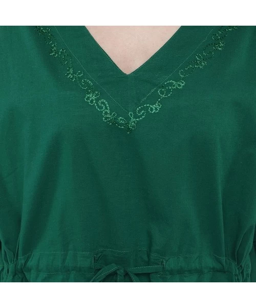 Cover-Ups Women's Tunic Cotton Short Caftan Embroidered Summer Dress (Free Size) - Green - CI18KLCGU9Z