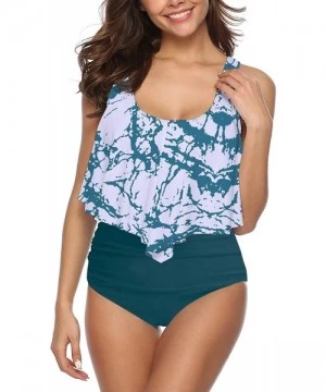 Sets Women High Waisted Swimsuit Two Piece Ruffled Flounce Top with Ruched Bottom - 14dyeing Blue - C9199RZ7ODR