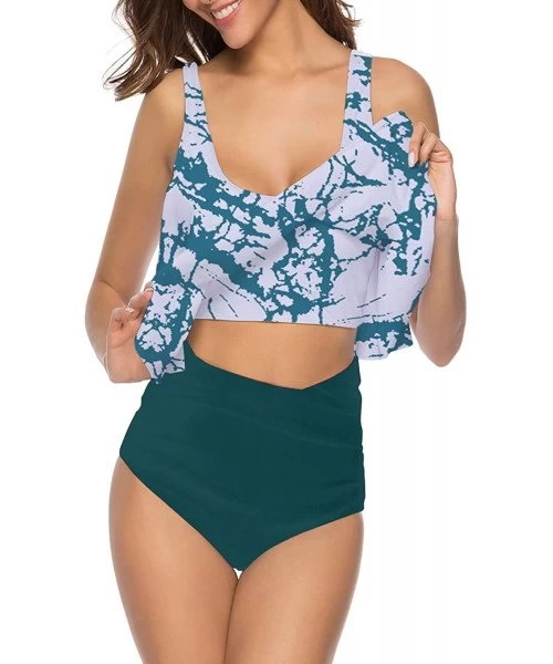 Sets Women High Waisted Swimsuit Two Piece Ruffled Flounce Top with Ruched Bottom - 14dyeing Blue - C9199RZ7ODR