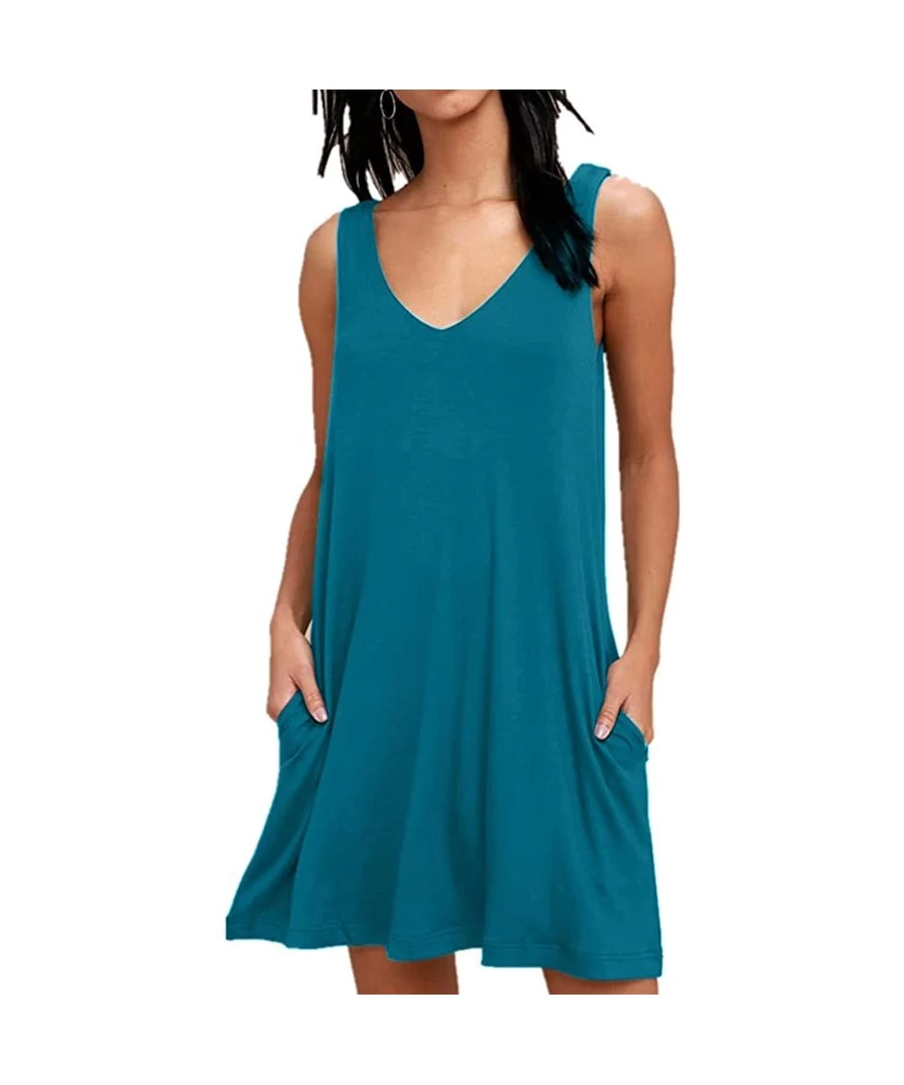 Cover-Ups Women Summer Casual V Neck T Shirt Dresses Beach Cover up Plain Tank Dress - Acid Blue - CS18HL82LRY