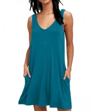 Cover-Ups Women Summer Casual V Neck T Shirt Dresses Beach Cover up Plain Tank Dress - Acid Blue - CS18HL82LRY