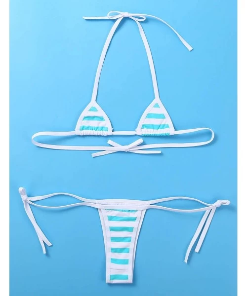 Sets Women's Brazilian Swimsuit Striped Mini Halter Bra and Micro Thong Triangle Bikini Sets - Blue&white - C91903C3Y3C