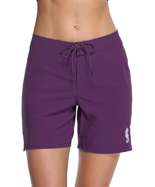 Board Shorts Women's Swim Shorts High Waisted Long Board Short Solid Skinny Swim Bottom - Purple Board Shorts - CT18GOR9LOT