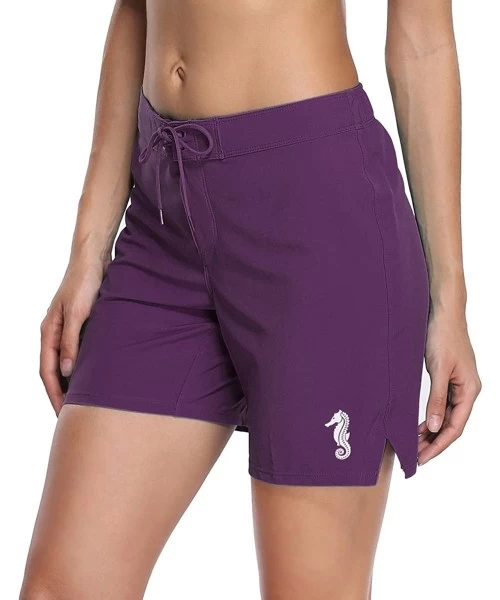 Board Shorts Women's Swim Shorts High Waisted Long Board Short Solid Skinny Swim Bottom - Purple Board Shorts - CT18GOR9LOT