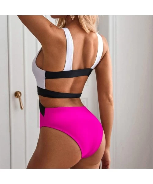 Rash Guards Women One Pice Slimming Swimsuit Deep V Side Cut Out Monokini Color Block Bathing Suit - Hot Pink - C1196DDSTX9