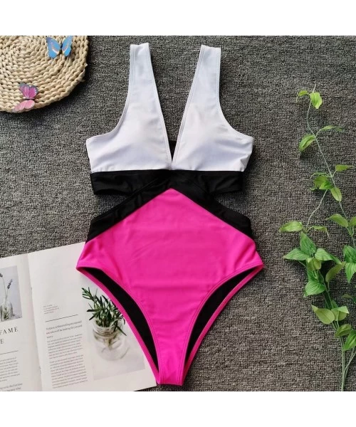 Rash Guards Women One Pice Slimming Swimsuit Deep V Side Cut Out Monokini Color Block Bathing Suit - Hot Pink - C1196DDSTX9