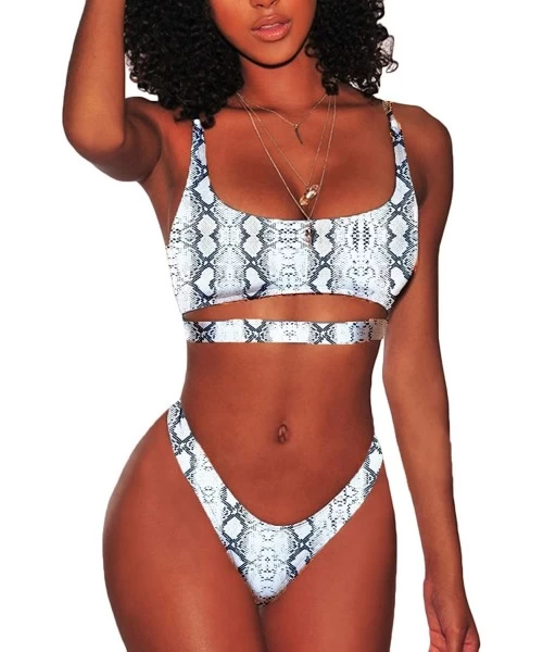 Sets Womens Sexy Scoop Neck Straps Cutout High Cut Thong 2PCS Bikini Sets Swimsuit - Snakeskin - CK194047S9Y