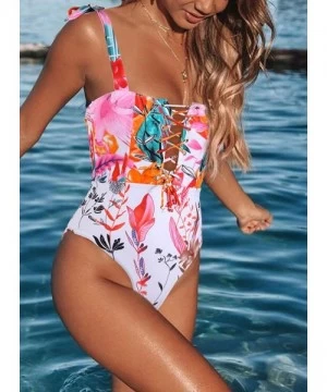 One-Pieces Women Casual Cross Strappy Tropical Floral Printed Knot Shoulder Sleeveless One Piece Bathing Suit - White - CS190...