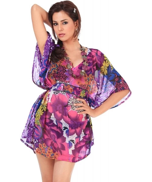 Cover-Ups Women's Mini Swimwear Bikini Cover-Ups Beach Kaftan Dress Drawstring A - Purple_g681 - CN11DWSAEKJ