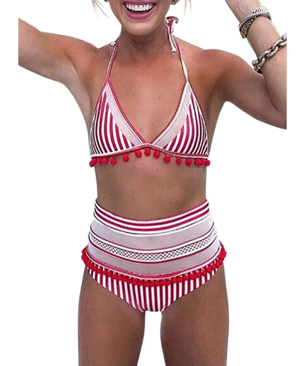 Sets Womens High Waist Two Pieces Bikini Set Striped Tassel Swimsuit - A Red - C518RA0NC4Y