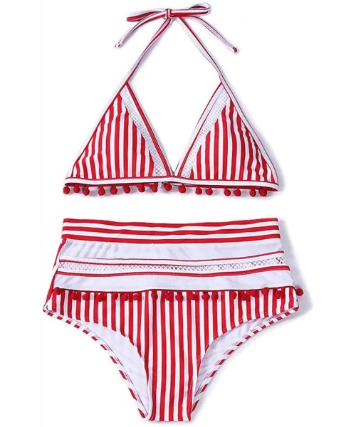 Sets Womens High Waist Two Pieces Bikini Set Striped Tassel Swimsuit - A Red - C518RA0NC4Y