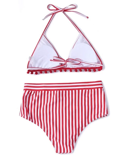 Sets Womens High Waist Two Pieces Bikini Set Striped Tassel Swimsuit - A Red - C518RA0NC4Y