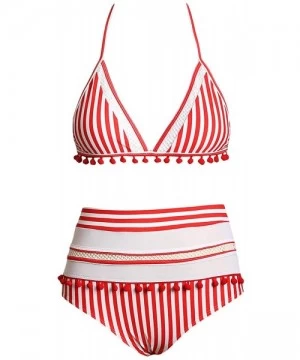 Sets Womens High Waist Two Pieces Bikini Set Striped Tassel Swimsuit - A Red - C518RA0NC4Y