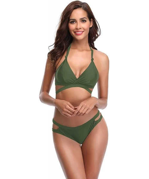 Sets Women's Halter Push Up Padded Bikini Strappy Bottom Two Piece Swimsuits - Olive Green - CD18QXD29AG