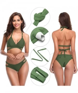 Sets Women's Halter Push Up Padded Bikini Strappy Bottom Two Piece Swimsuits - Olive Green - CD18QXD29AG