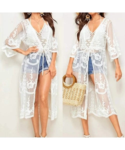 Cover-Ups Swimsuit Cover Ups for Women Crop Tops Kimono Cardigan Loose Cover Up Sun Protection Anti-UV - Lace - C619CK9CXK2