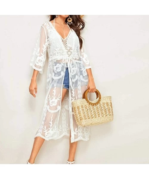 Cover-Ups Swimsuit Cover Ups for Women Crop Tops Kimono Cardigan Loose Cover Up Sun Protection Anti-UV - Lace - C619CK9CXK2