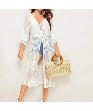 Cover-Ups Swimsuit Cover Ups for Women Crop Tops Kimono Cardigan Loose Cover Up Sun Protection Anti-UV - Lace - C619CK9CXK2