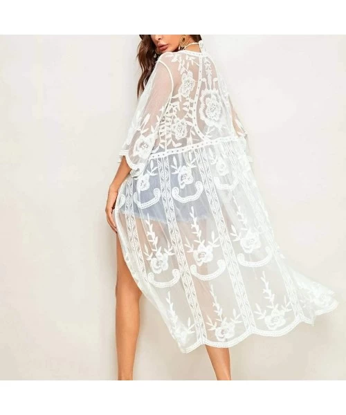 Cover-Ups Swimsuit Cover Ups for Women Crop Tops Kimono Cardigan Loose Cover Up Sun Protection Anti-UV - Lace - C619CK9CXK2