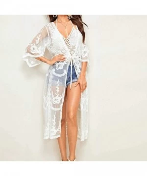 Cover-Ups Swimsuit Cover Ups for Women Crop Tops Kimono Cardigan Loose Cover Up Sun Protection Anti-UV - Lace - C619CK9CXK2